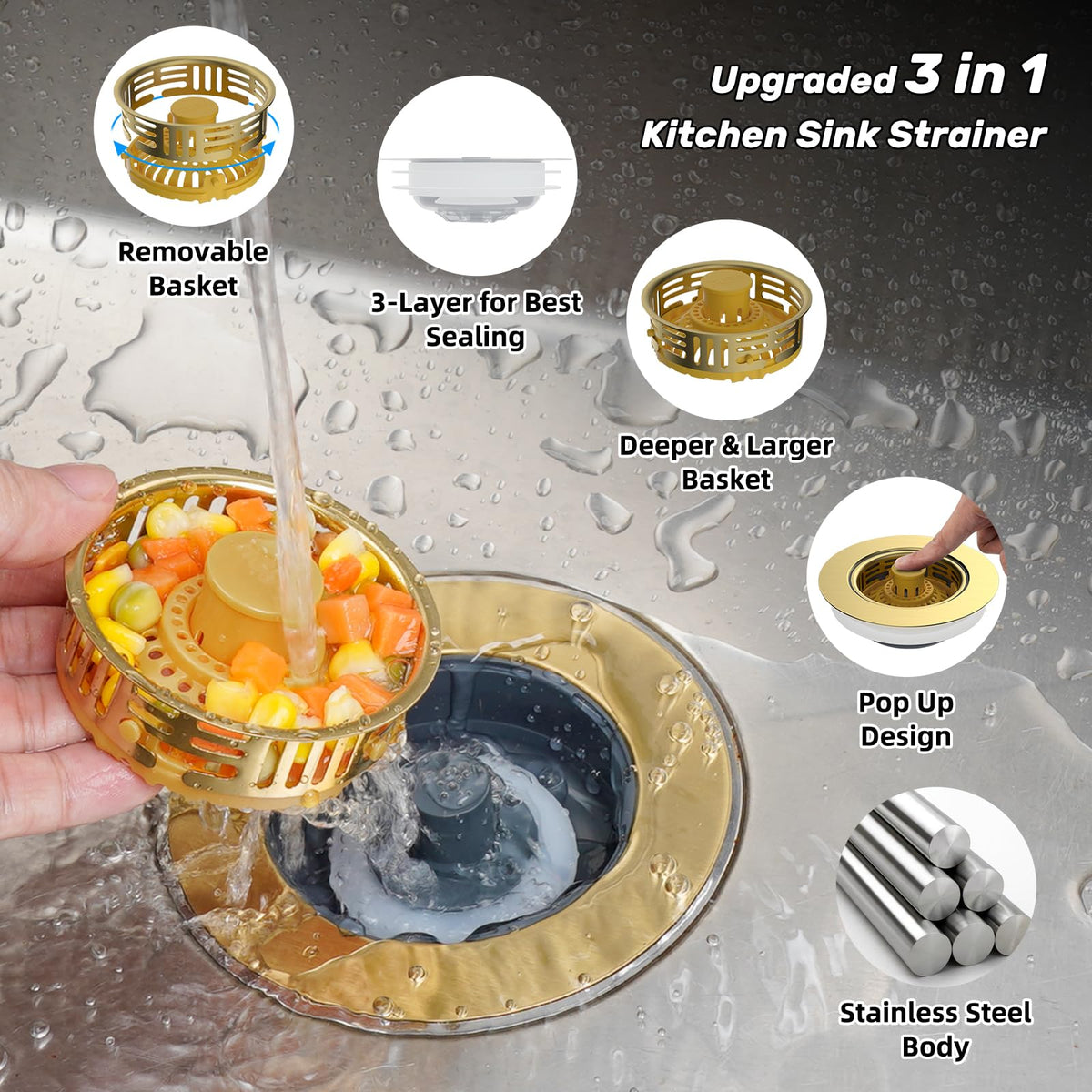 3 in 1 Kitchen Sink Drain Strainer (Brushed Gold)