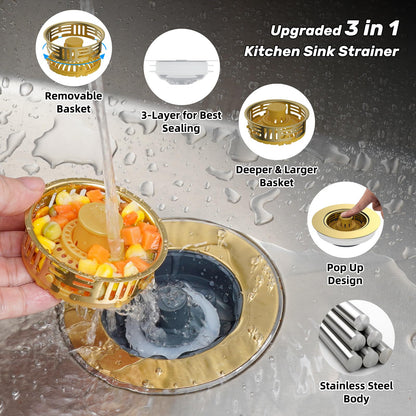 3 in 1 Kitchen Sink Drain Strainer (Brushed Gold)