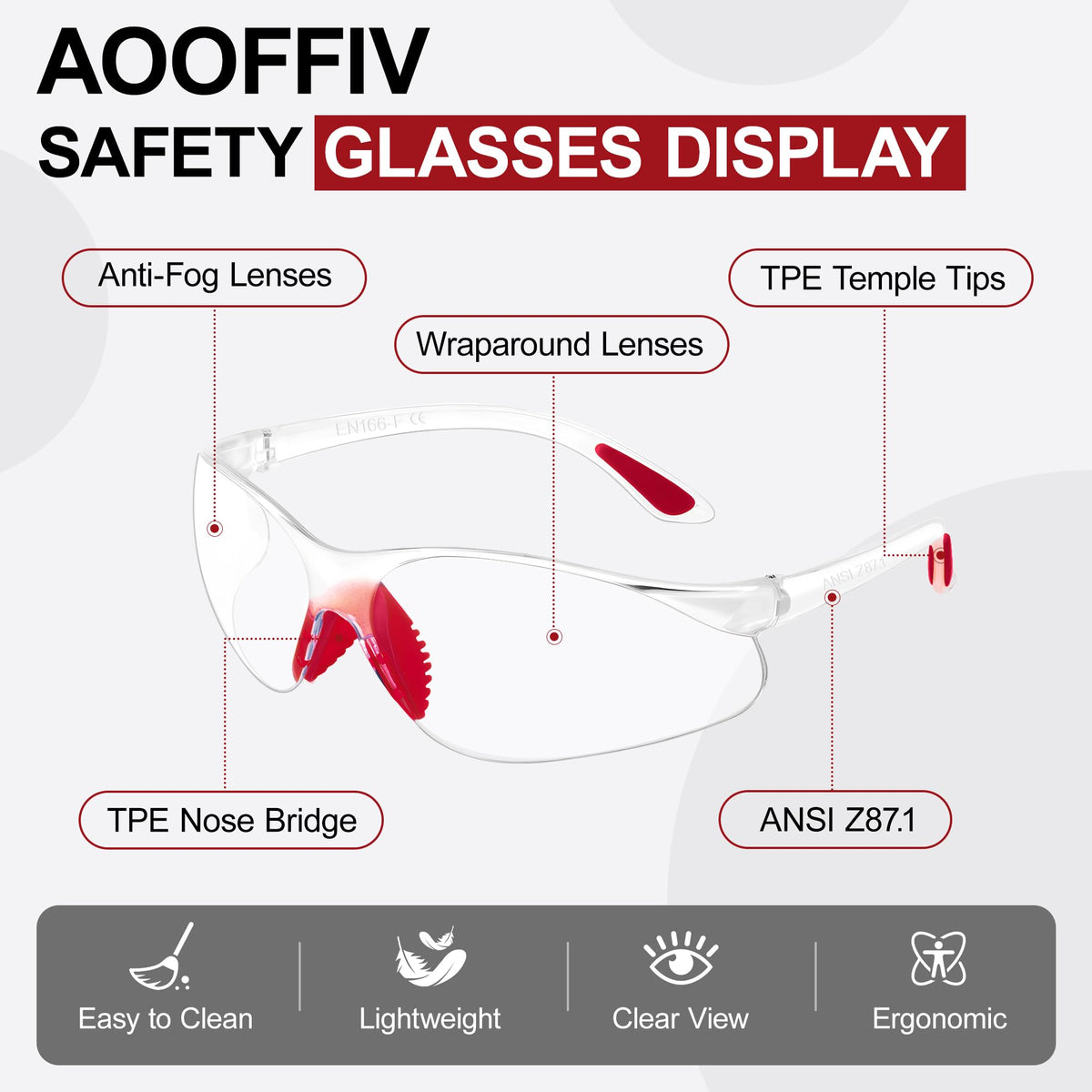 80 Pack Clear Safety Glasses Bulk (Red Nose Bridge)