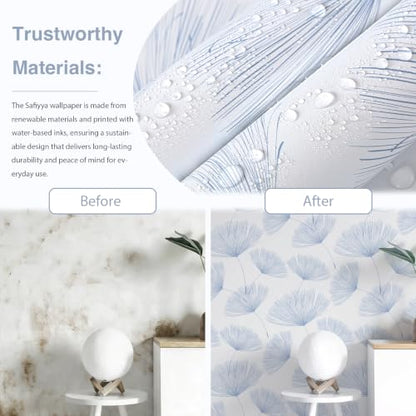 Blue and White Peel and Stick Wallpaper Dandelion 17.3in x78.7in Contact Paper Peel and Stick Wall Paper Modern Boho Self Adhesive Removable Vinyl Wallpaper for Bedroom Bathroom (Blue/White / 17.3" x 78.7")