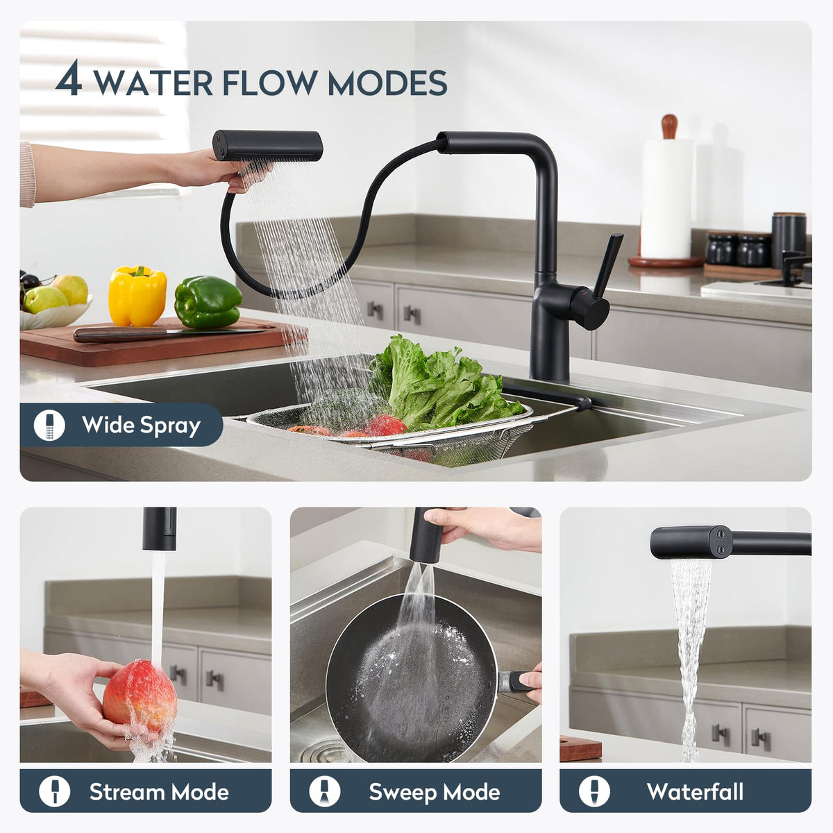 Black Waterfall Kitchen Faucets with Pull Down Sprayer (Waterfall / W-Matte Black)