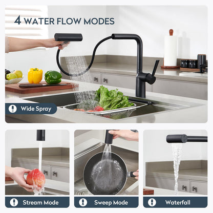 Black Waterfall Kitchen Faucets with Pull Down Sprayer (Waterfall / W-Matte Black)
