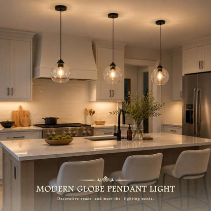 8" Globe Pendant Light Pendant Lights Kitchen Island Black Clear Glass Pendant Lights Height Adjustable Mid Century Modern Light Fixture for Dining Room Bedroom Entryway Foyer Bulb Incl (Black & Clear Glass / 8 Inch)