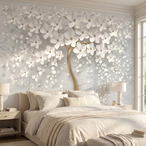 3D Flower Tree Peel and Stick Wall Mural with Gold Tree Body Self Adheisve Floral Mural Wallpaper for Living Room Bedroom Kids Room