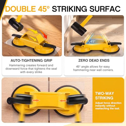 Floor Gap Fixer Tool Heavy Duty 45°Striking Surface Floor Gap Repair Tool Kit Iron Reinforced Suction Cup with Hammer Gloves and Sticky Pads for for Closing Gaps (Yellow)