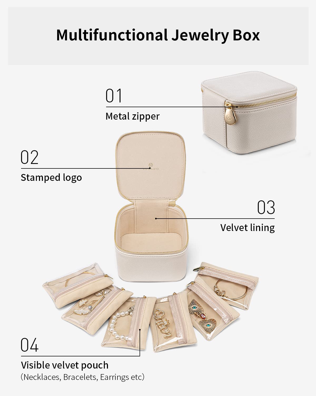 Jewelry Travel Case with 6 Clear Velvet Zipper Pouches (B.6 PCS White)