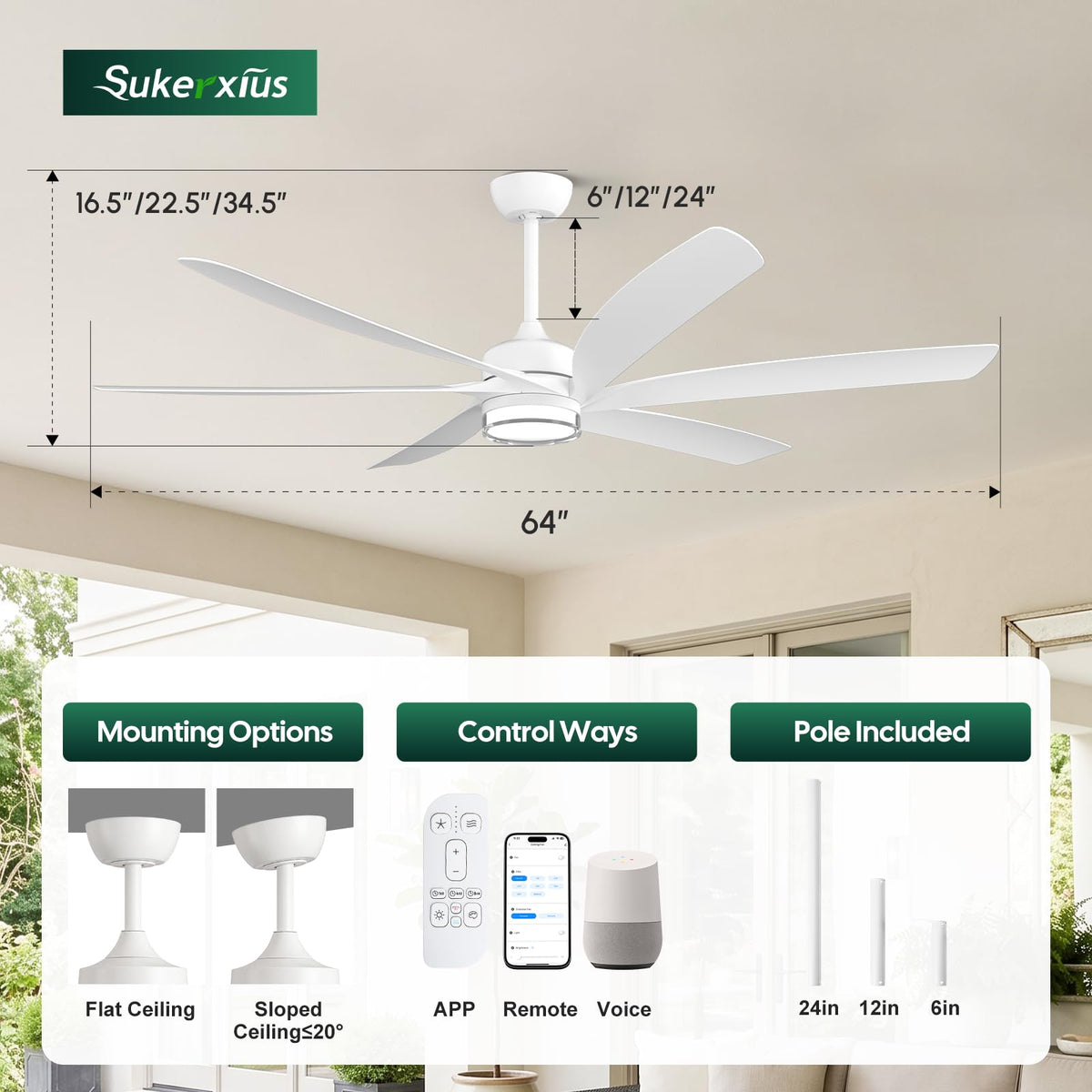64 inch White Smart Ceiling Fan with Light (Pearl White / 64 Inch)