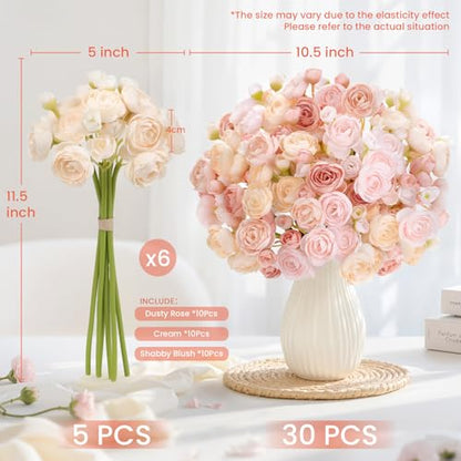 30Pcs Ranunculus Artificial Flowers Faux Silk Mini Flowers Indoor (Rose&cream&shabby Blush)