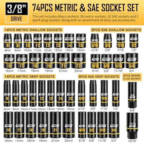 3/8-Inch Drive Impact Socket Set, Yellow Embossed Size Marking