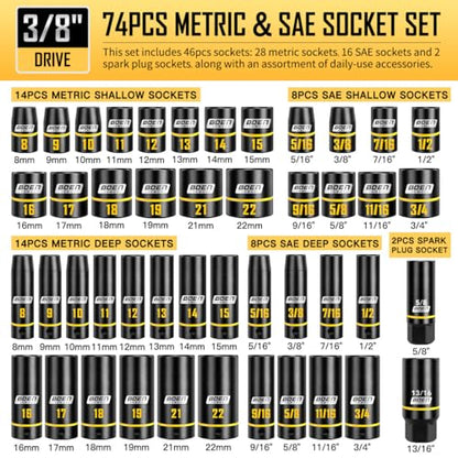3/8-Inch Drive Impact Socket Set, Yellow Embossed Size Marking
