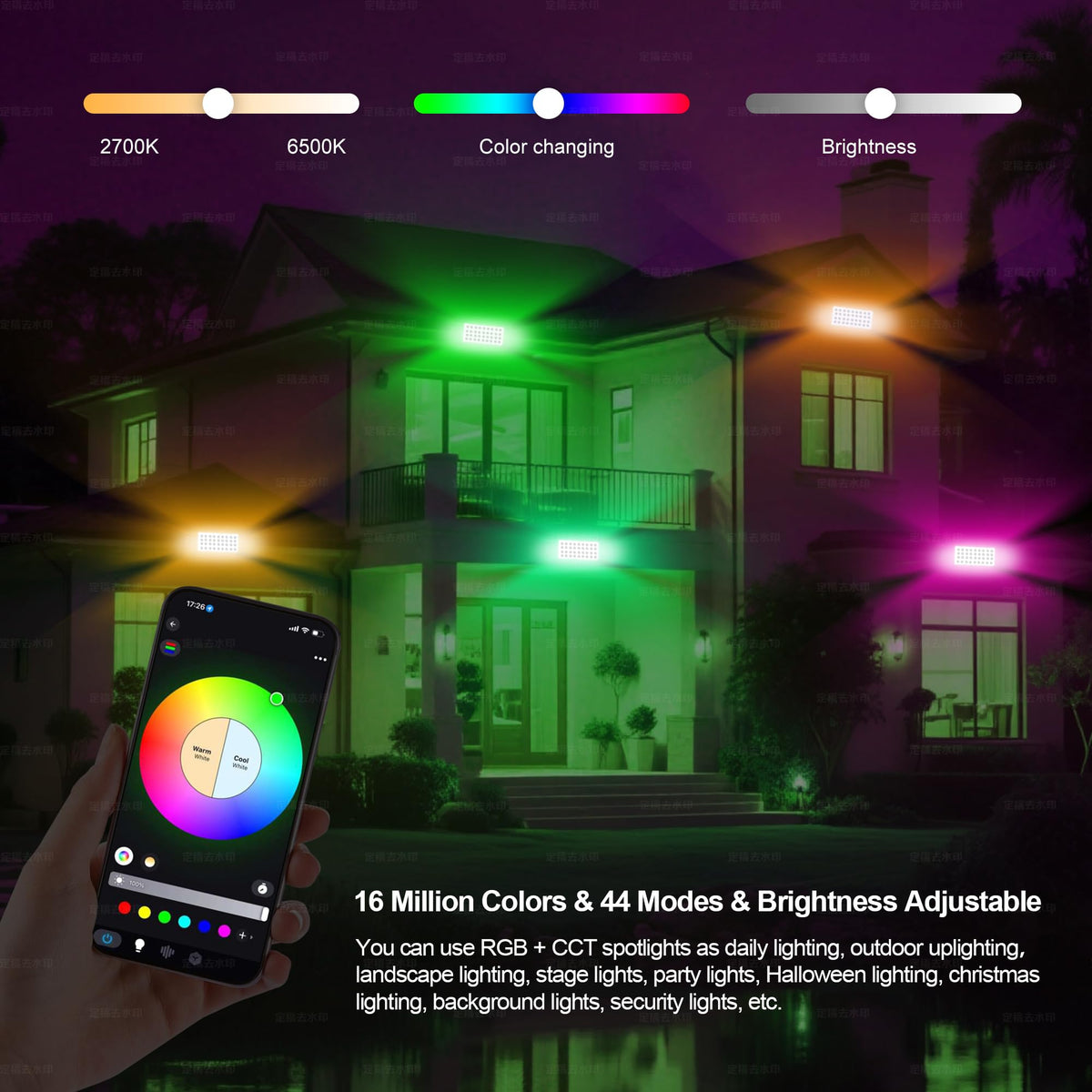 Smart Flood Lights Outdoor Color Changing (5*72W RGB+Tunable White(2700-6500K))