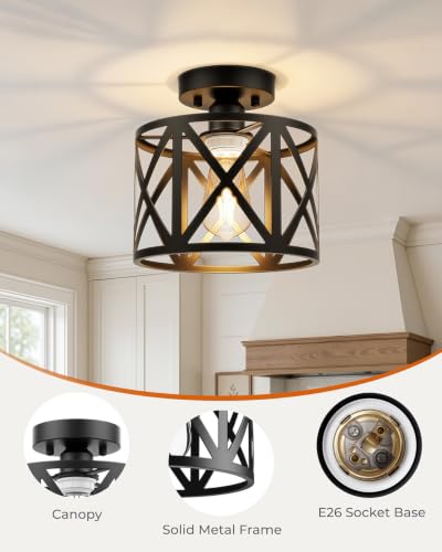 Farmhouse Semi Flush Mount Ceiling Light Fixture E26 Black