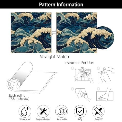 Vintage Coastal Wave Peel and Stick Wallpaper Navy Blue Cream Seamless Ocean Oriental Removable Waterproof Contact Paper for Accent Wall Bathroom Bedroom Nursery Kids Room Home Décor