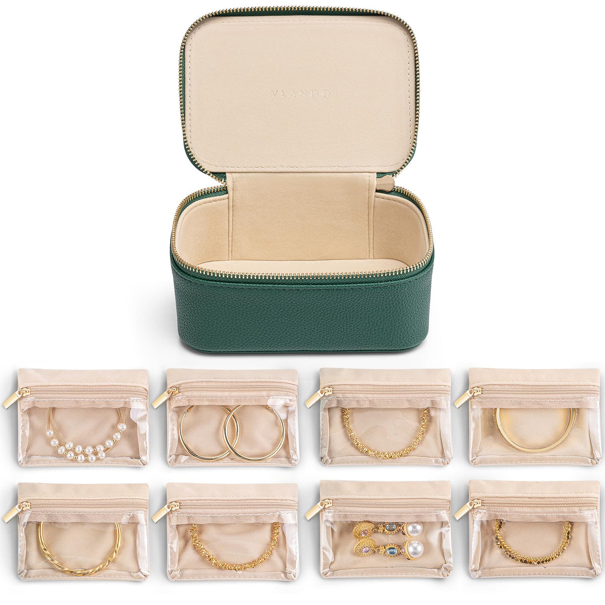 Travel Jewelry Box with 8 Clear Velvet Zipper Pouches (C.8 PCS Green)