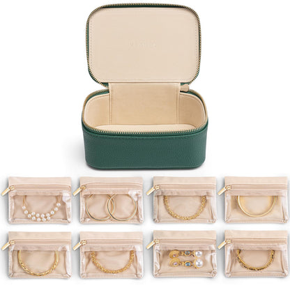 Travel Jewelry Box with 8 Clear Velvet Zipper Pouches (C.8 PCS Green)