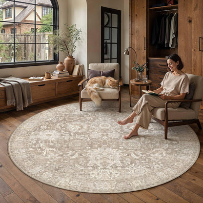 5x5 Round Rugs Beige Vintage Rug for Living Room (Retro | Beige / 5' (Round))