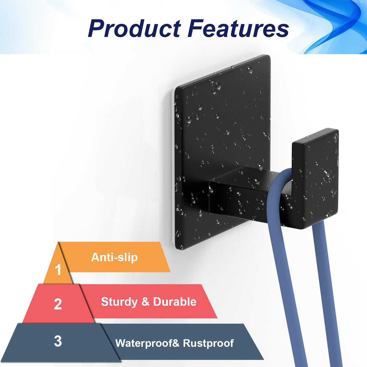 Adhesive Shower Hooks (Adhesive "7" Shape -2 Pack / Black)