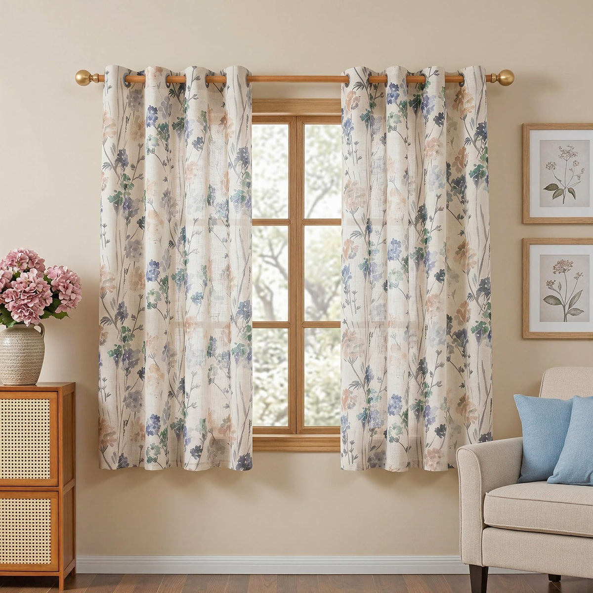 Floral Linen Curtains 54 inch Length 2 Panels Set Patterned Semi Sheer Light Filtering Privacy Farmhouse Grommet Drapes for Bedroom Small Window (A-brown / 52"W x 54"L (Pack of 2))