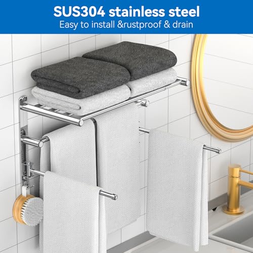 Retractable Towel Rack for Bathroom Stainless Steel Extendable Towel Shelf with 180° Swing Arms Wall (Silvery)