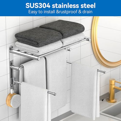 Retractable Towel Rack for Bathroom Stainless Steel Extendable Towel Shelf with 180° Swing Arms Wall (Silvery)