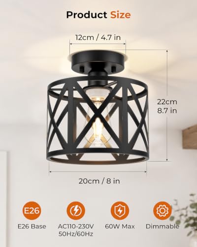 Farmhouse Semi Flush Mount Ceiling Light Fixture E26 Black