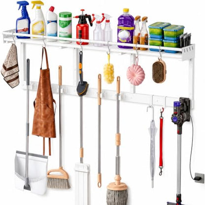 Heavy Duty Wall Mount Mop and Broom Organizer with Hooks