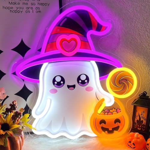UV Printed Ghost Pumpkin Halloween Neon Sign Dimmable Cute Witch Hat Ghost LED Neon Light for Bedroom Game Room Halloween Party Home Decoration