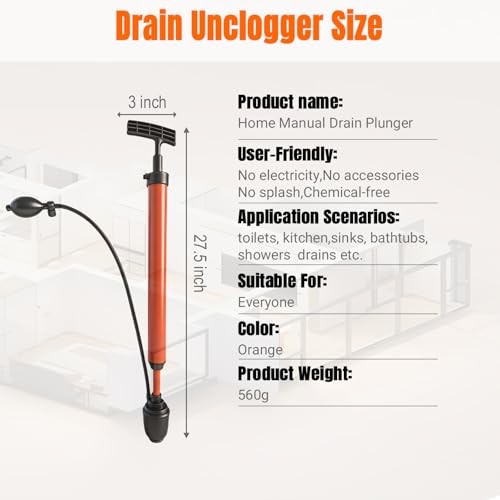 Manual Drain Unclogger High Pressure Toilet Plunger