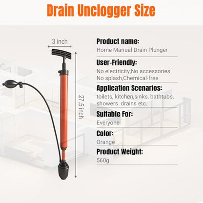 Manual Drain Unclogger High Pressure Toilet Plunger