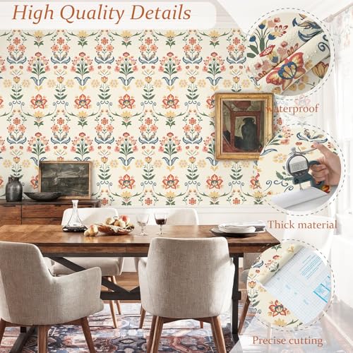 Boho Peel and Stick Wallpaper Vintage Floral Wallpaper (17.3" x 196.8" / Red/Yellow)