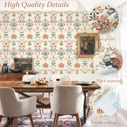 Boho Peel and Stick Wallpaper Vintage Floral Wallpaper (17.3" x 196.8" / Red/Yellow)