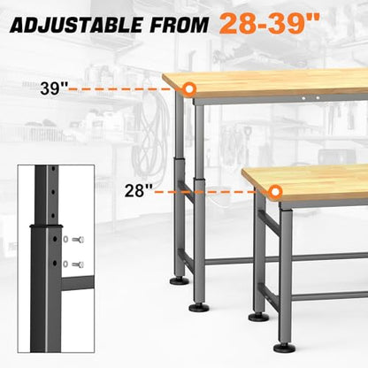 Adjustable Workbench with Rubberwood Top Rolling (42 in x 20 in)