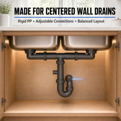 1-1/2" Double Kitchen Sink Drain Kit with P-Trap, PP Material