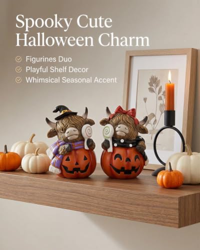 Halloween Decoration Indoor Resin Figurines (Highland Cow Jack-o’-lantern)