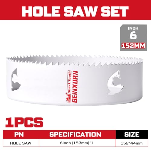 6 Inch(152mm) Hole Saw, 1PC HSS Bi-Metal Hole Saw Kit with Shark Tooth Hole Cutter for Wood,Drywall, PVC Boards and Thin Metal (1 PCS 6")