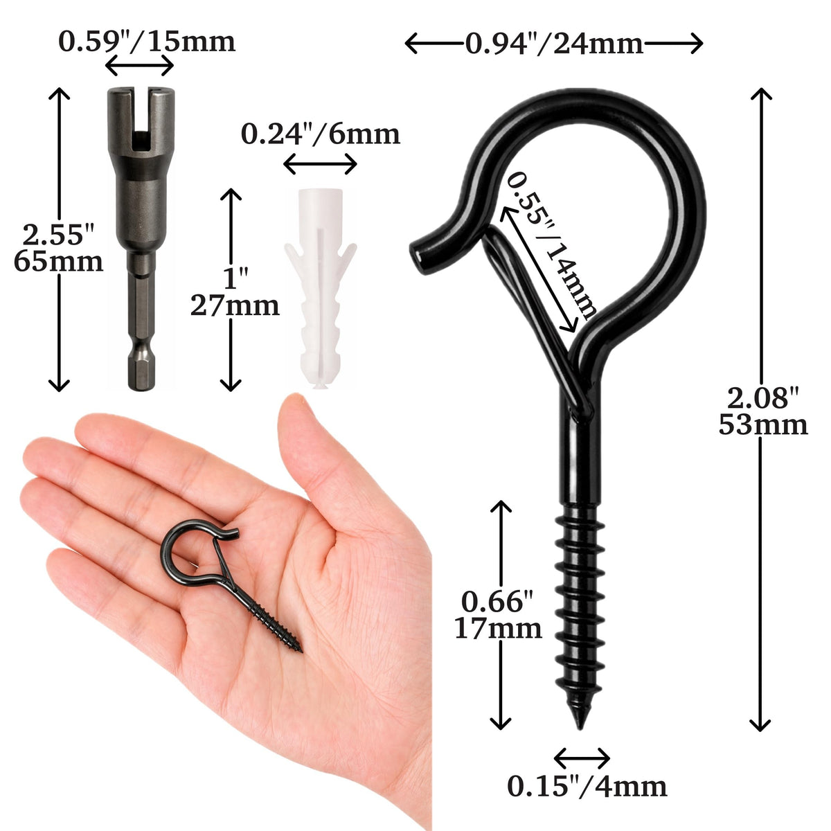 304 Stainless Steel 2 Inch Screw Eye Hooks with Driver Bit (Black / 24 PCS)