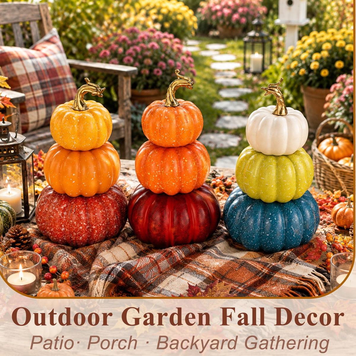 3Pcs 8.75" Stacked Pumpkin Tower Decor (Orange Blue & Yellow)