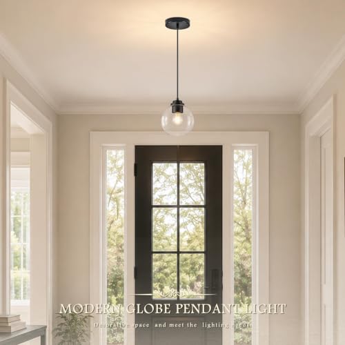 6" Globe Pendant Light 2 Pack Pendant Lights Kitchen Island Black Clear Glass Pendant Lights Height Adjustable Mid Century Modern Light Fixture for Dining Room Bedroom Foyer Bulbs Incl (Black & Clear Glass / 6 Inch)