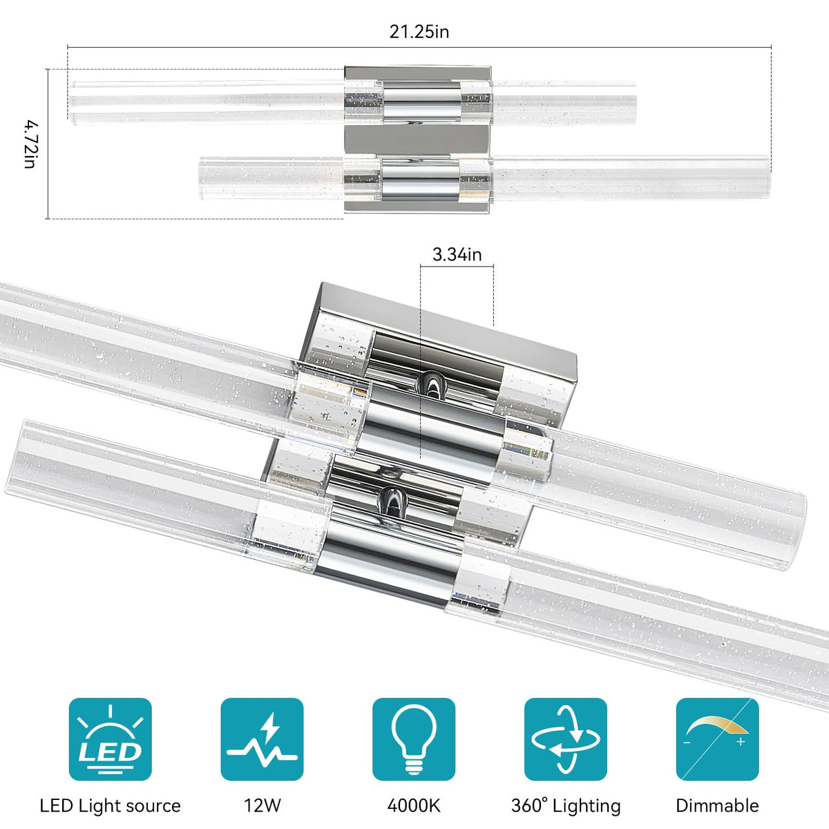 Modern LED Vanity Light Bubble Crystal Sconces Wall Lighting Chrome Wall Sconce Hardwired 21.25in 4000K Vertical and Horizontal Wall Mounted Sconces for Bedroom Living Room Hallway（1 (Chrome-1 Pack)