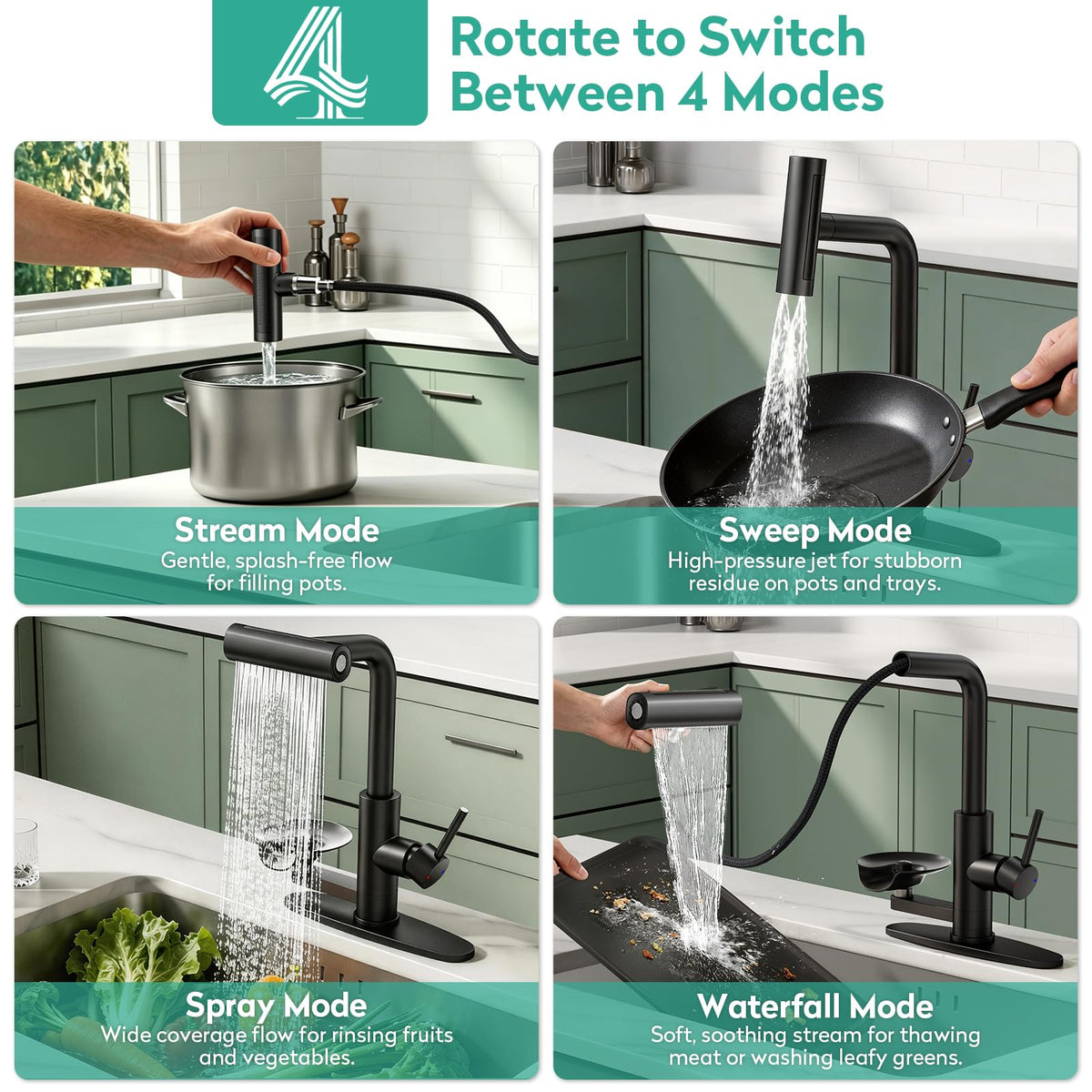 Waterfall Kitchen Faucet with Pull Down Sprayer & Cup Washer (Black)