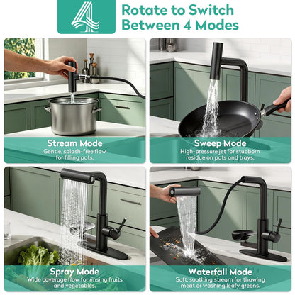 Waterfall Kitchen Faucet with Pull Down Sprayer & Cup Washer (Black)