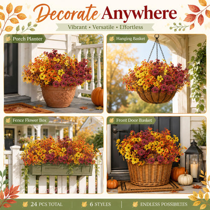 24Pcs Artificial Fall Flowers for Outdoors UV Resistant Decor