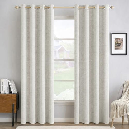 100% Blackout Linen Curtains for Bedroom 52x96 Inches Birch White (Birch White / 52"W x 96"L (Pack of 2))