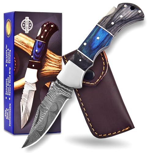 Damascus Pocket Folding Knife with Blue & Black Wooden Handle & Leather Sheath