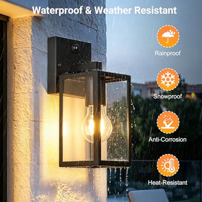 10.6" Motion Sensor Outdoor Wall Sconce Clear Glass Waterproof Exterior Wall Light Porch Light Lantern for Garage Patio Doorway Garden