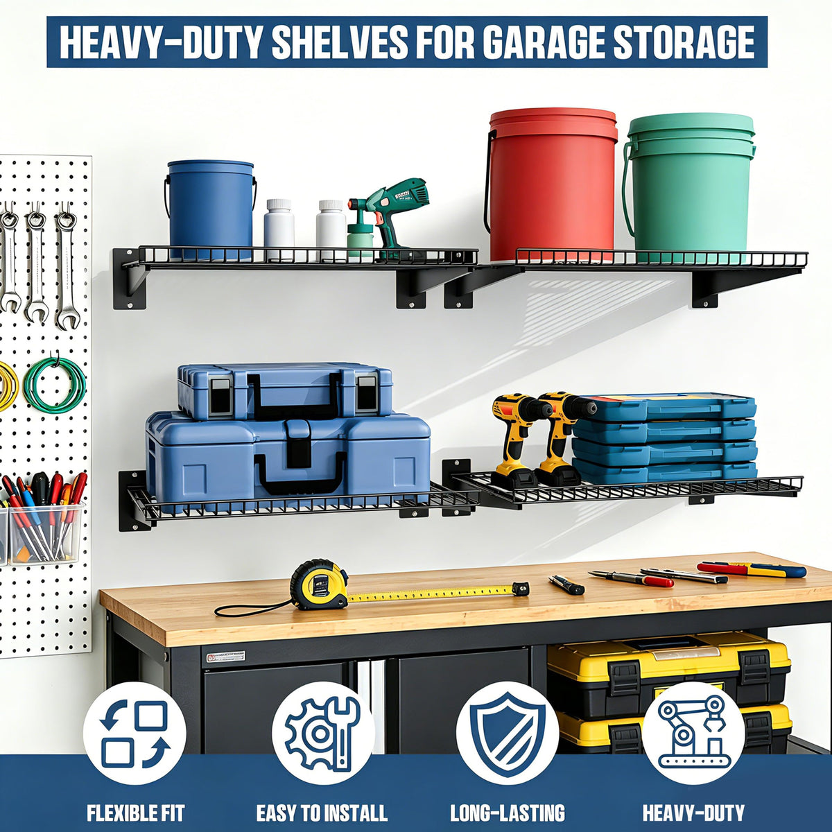 Garage Wall Shelving 24"x12" 4 (Black / 4 pack-24" x12")