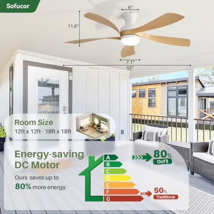 52 Inch Smart Ceiling Fans with Lights and Remote (White+Wood / 52inch Max)