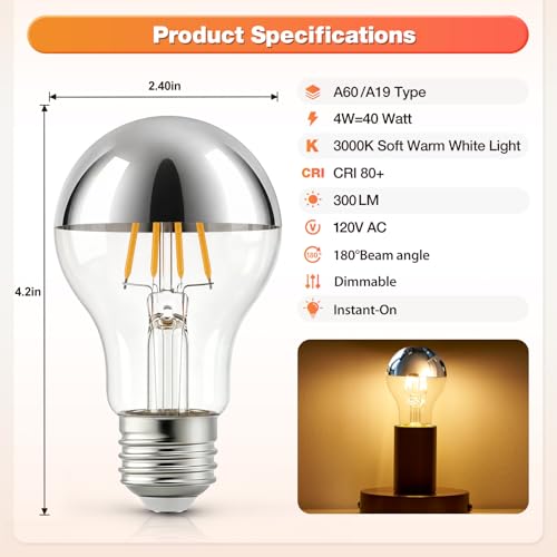 A19 E26 Silver Top Half Chrome Light Bulbs (Silver 3000k Warm White Light)