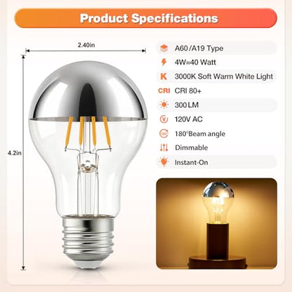 A19 E26 Silver Top Half Chrome Light Bulbs (Silver 3000k Warm White Light)