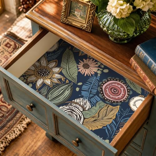 Vintage Dark Blue Boho Floral Peel and Stick Wallpaper 17.4"x118" (Blue with Pink / 17.4" x 118")